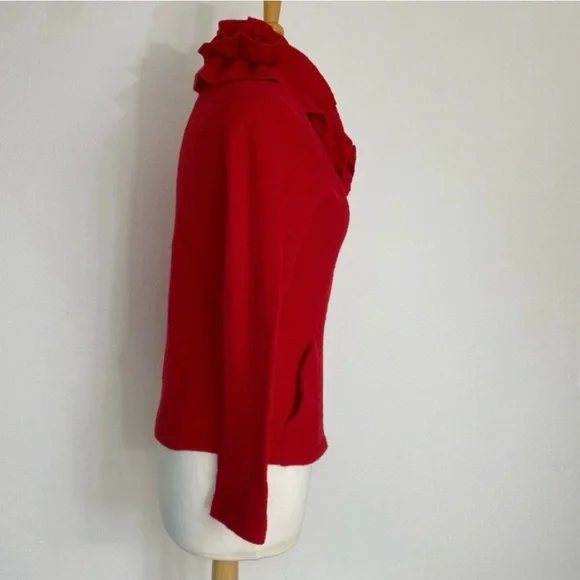 Fever Red Ruffle Collar Button Front 100% Wool Cardigan Sweater Size Small Retro - Picture 4 of 16